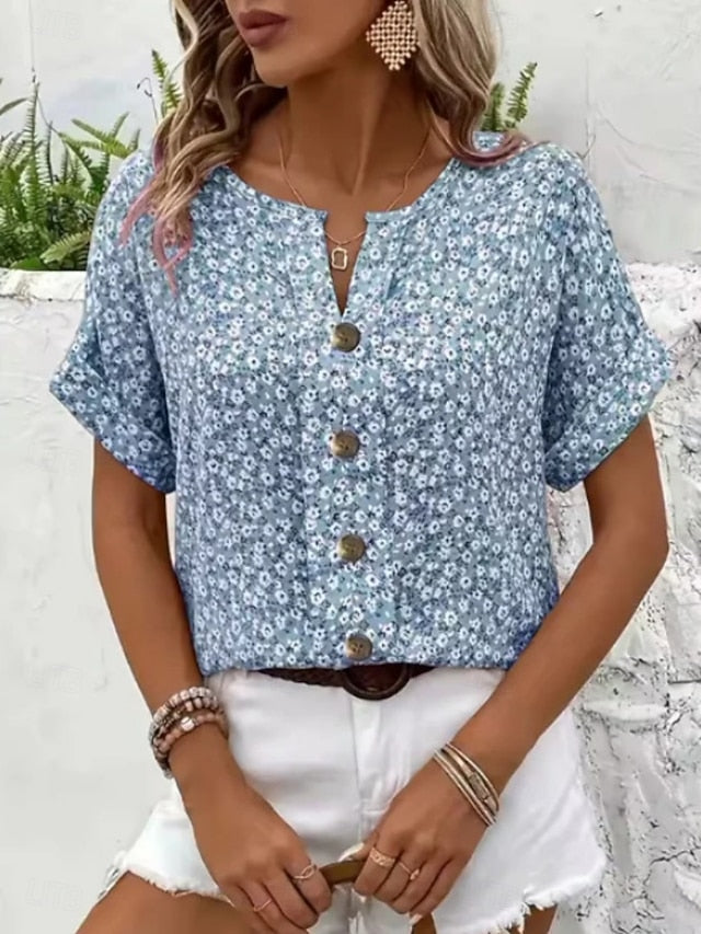 Women's T Shirt Tee Top Buttons Print Floral Fashion