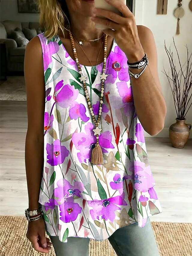 Women's Tank Top Patchwork Layered Print Floral Graphic