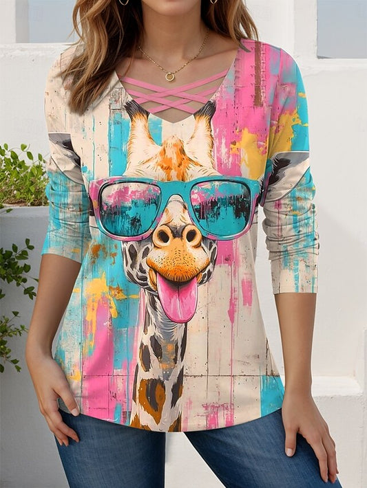Women's T shirt Long Sleeve Graphic Animal Giraffe Vintage