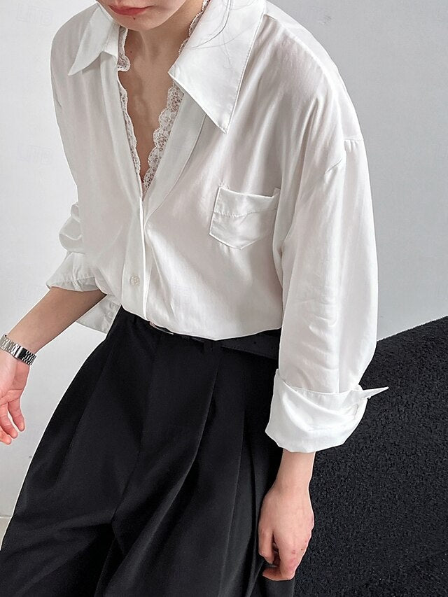 Women's Casual Shirt Button Up Shirt Blouse Lace Patchwork