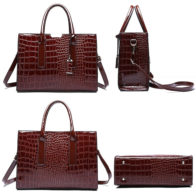 Women's Black Patent Crocodile Leather Pattern Handbag with