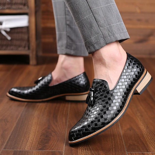 Woven Men's Black Leather Tassel Detail with Loafers Faux