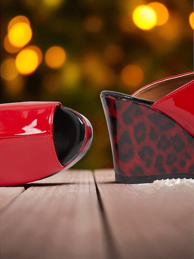 Wedge Peep Women's Leopard - Sandals Patent Red Leather Toe