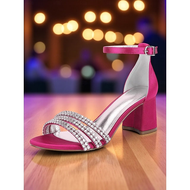 Rhinestone Satin Women's Purple Heel with Block Sandals