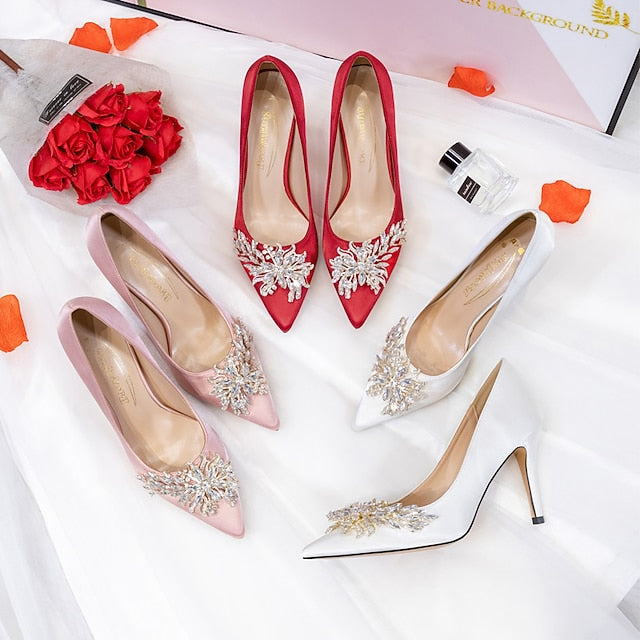 – Rhinestone Satin Heels Elegant High Women's Pink