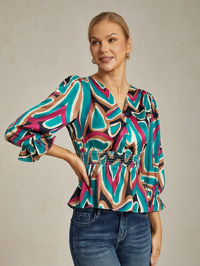 Colorful Abstract Print Satin Top with Cinched Waist