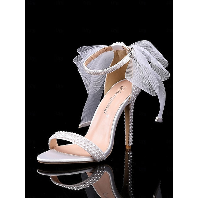 Heels Embellished and Women's White with Pearl Wedding Bow