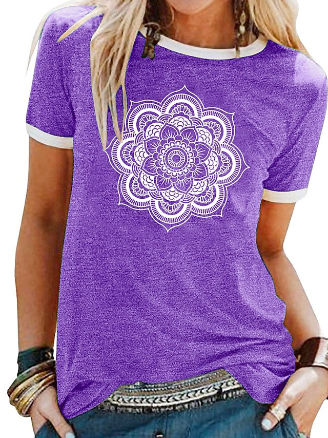 Women's T Shirt Patchwork Print Floral Graphic Mandala