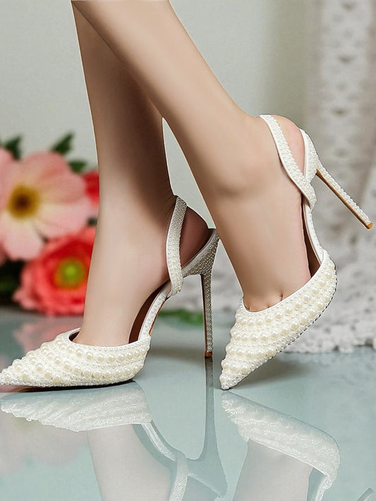 Women's White - Leather Heels Pearl-Embellished Slingback