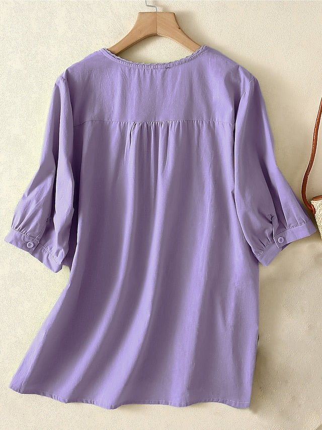 Women's Shirt Embroidered Solid Color Floral Casual Boho