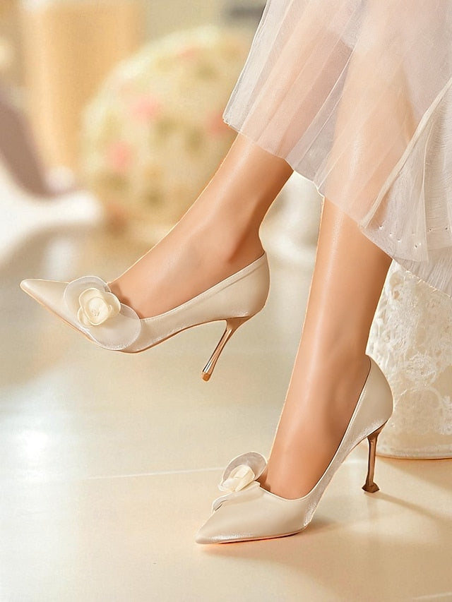 Floral Pointed Heels Wedding Satin Elegant - Women's Ivory
