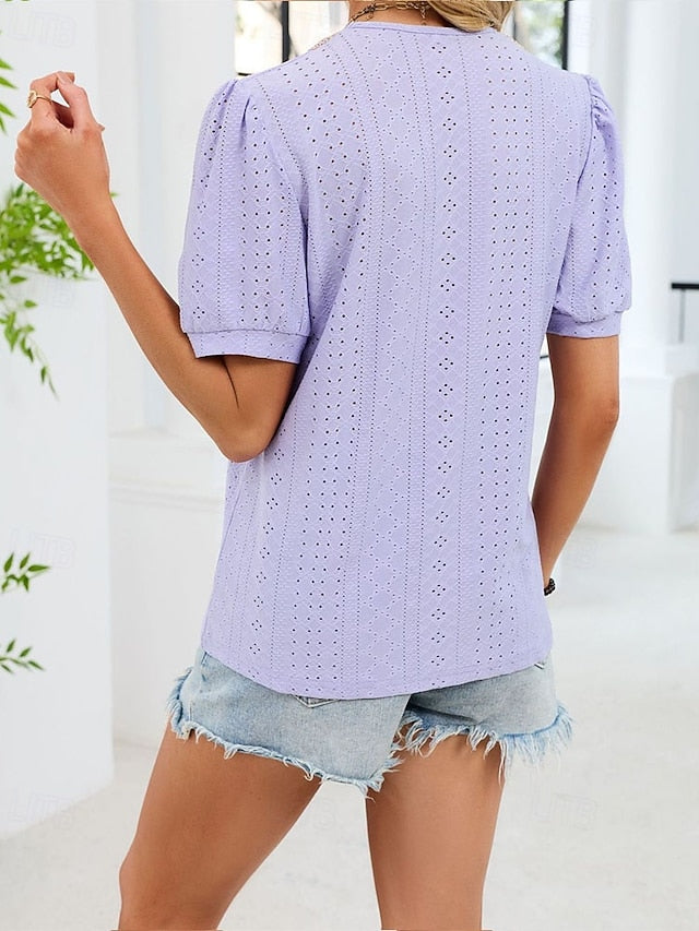 Women's T Shirt Summer Tops Patchwork Eyelet Solid Color