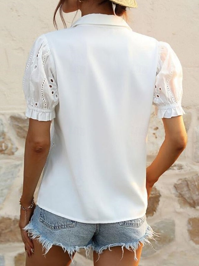 Women's Shirt Blouse Eyelet Buttons Solid Color Stylish