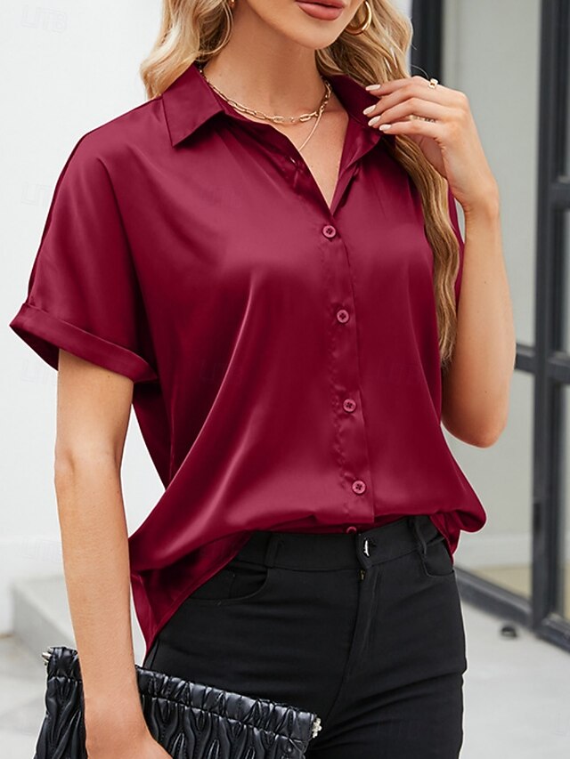 Women's Shirt Elegant Dressy Satin Top Buttons Solid Color