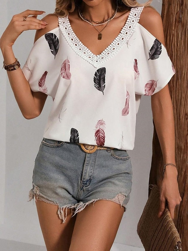 Women's Blouse Lace Print Feather Stylish Casual Short