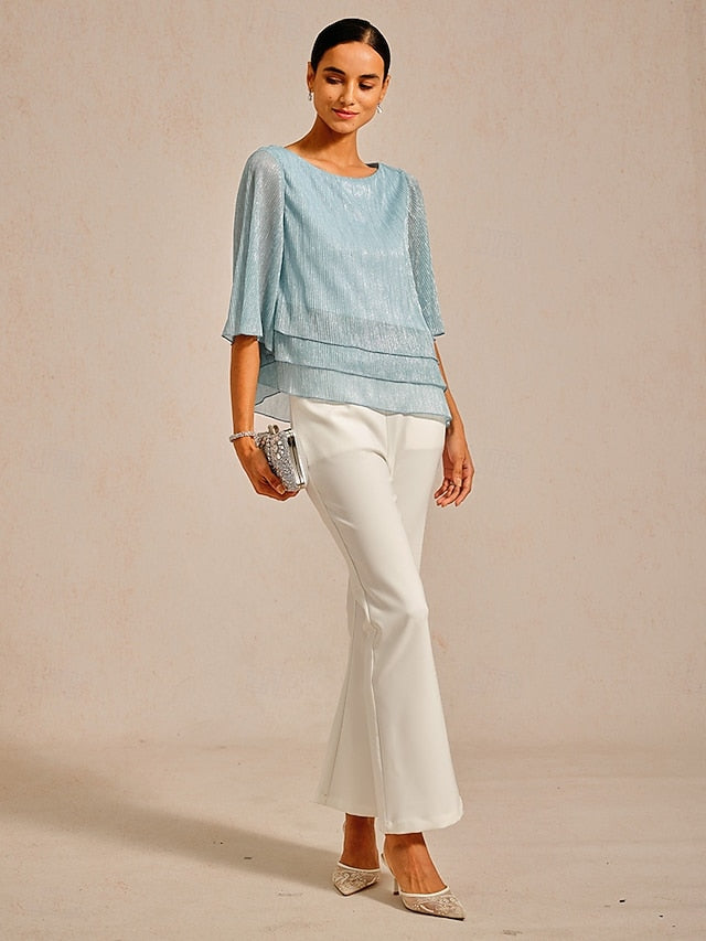 Women's Blouse Chiffon Tops Pleated Layered Metallic