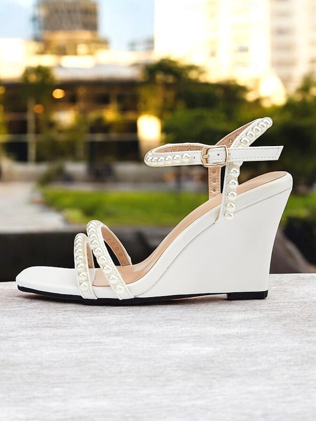 Open-Toe Wedge – Women's Heels Elegant Pearl-Embellished