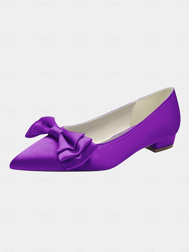 Women's Pointed Satin Bow Green - Flats Toe Elegant