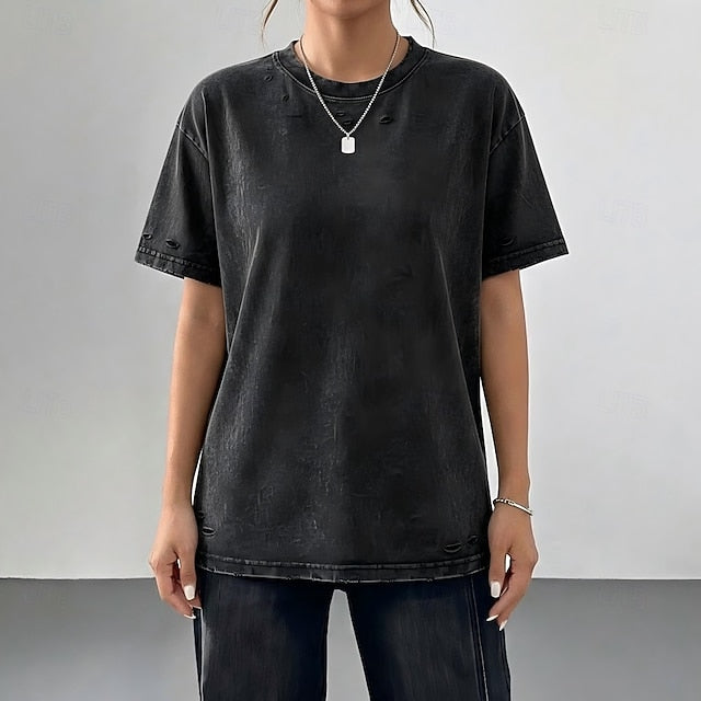 Women's T Shirt 100% Cotton Vintage Washed Tops Cut Out