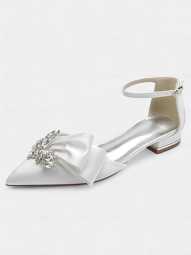 Rhinestone Satin Pointed-Toe Ankle White and Heels with Bow