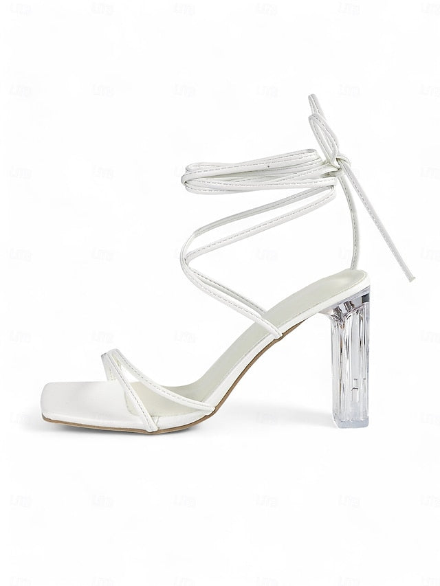 Strappy Lace-Up White Block with Women's Clear Heels Heel