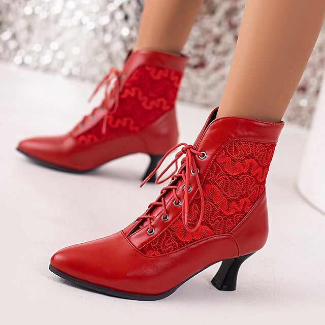 Embroidered Ankle Women's White Lace-Up Panels with Boots
