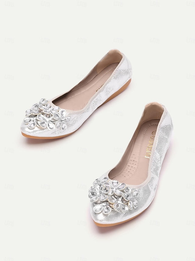 Women's Flats Foldable Silver with Rhinestone