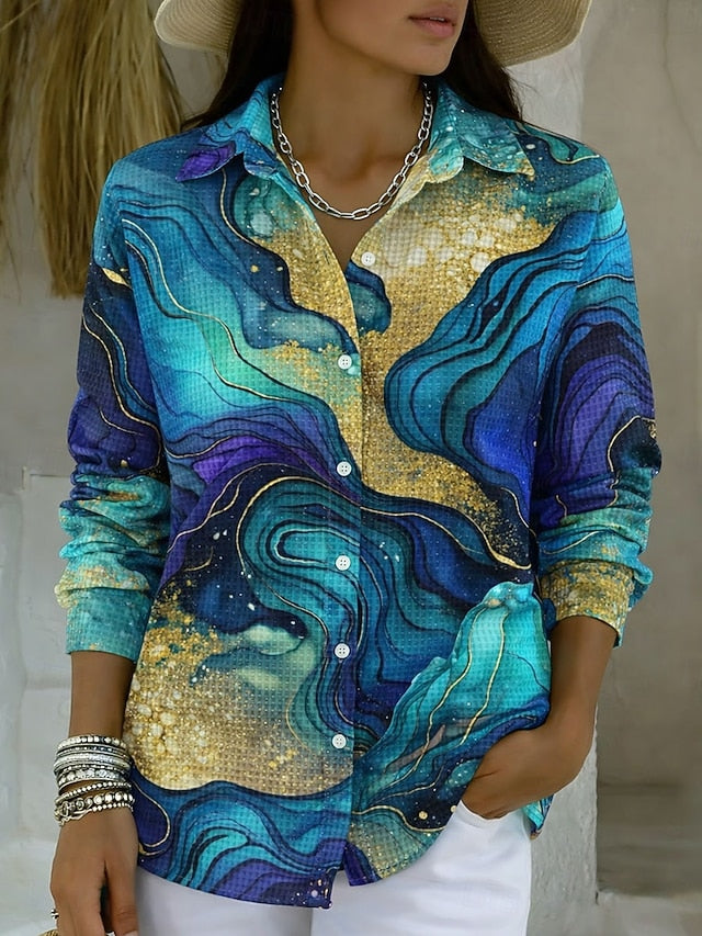 Women's Shirt Buttons Print Graphic Abstract Vintage