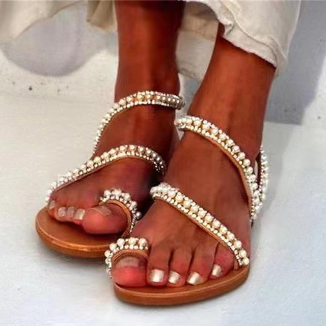 Flat Women's Pearl-Embellished Strappy – Elegant Sandals