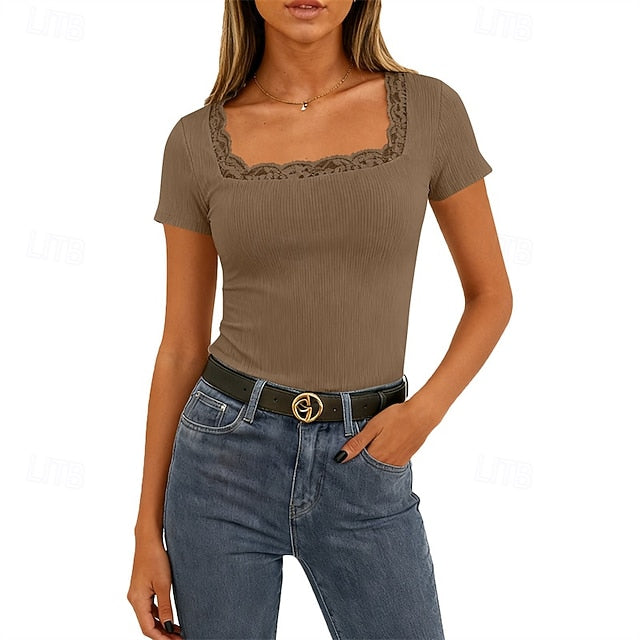 Women's T Shirt Summer Tops Lace Patchwork Plain Elegant