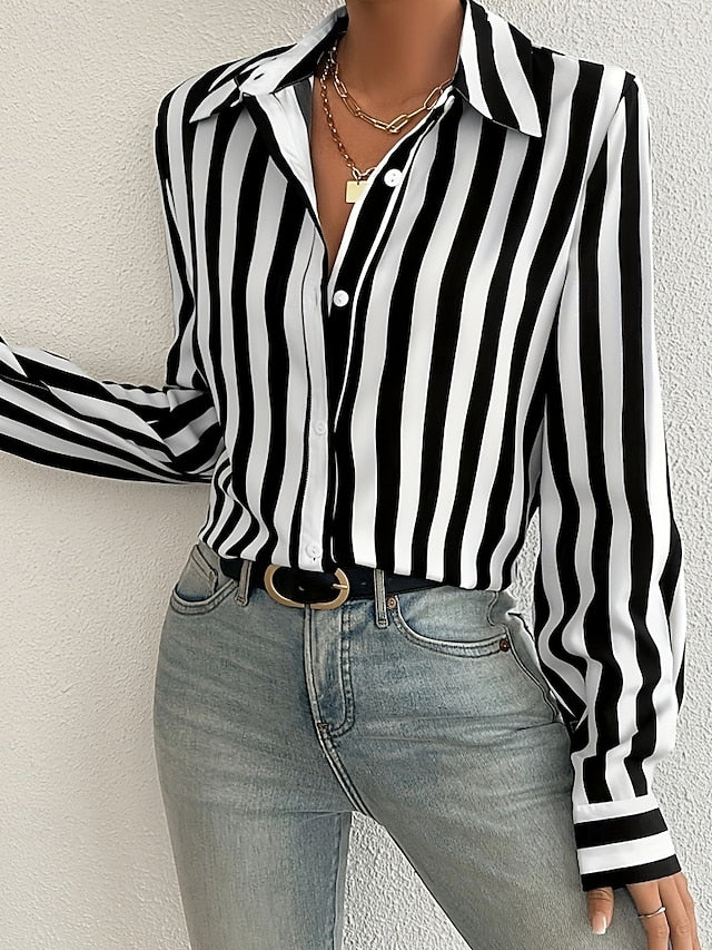 Women's Shirt Blouse Patchwork Buttons Striped Elegant