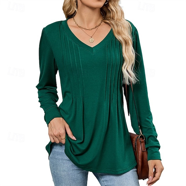 Women's T Shirt Plain Casual Long Sleeve V Neck Regular