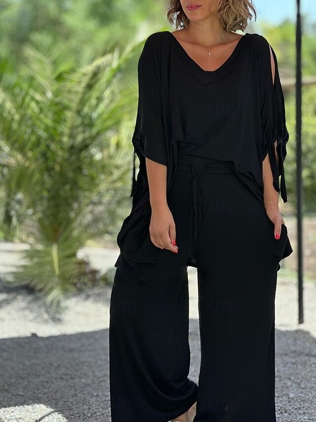 Women's Pants Sets 3/4 Length Sleeve V Neck Solid Color