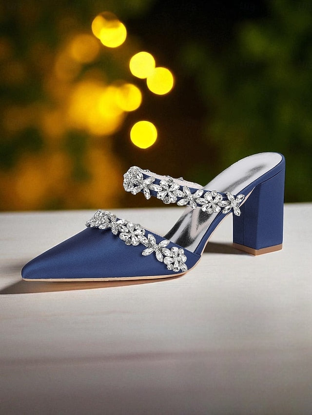 Block Heel Floral with Women's Black Mules Satin Rhinestone