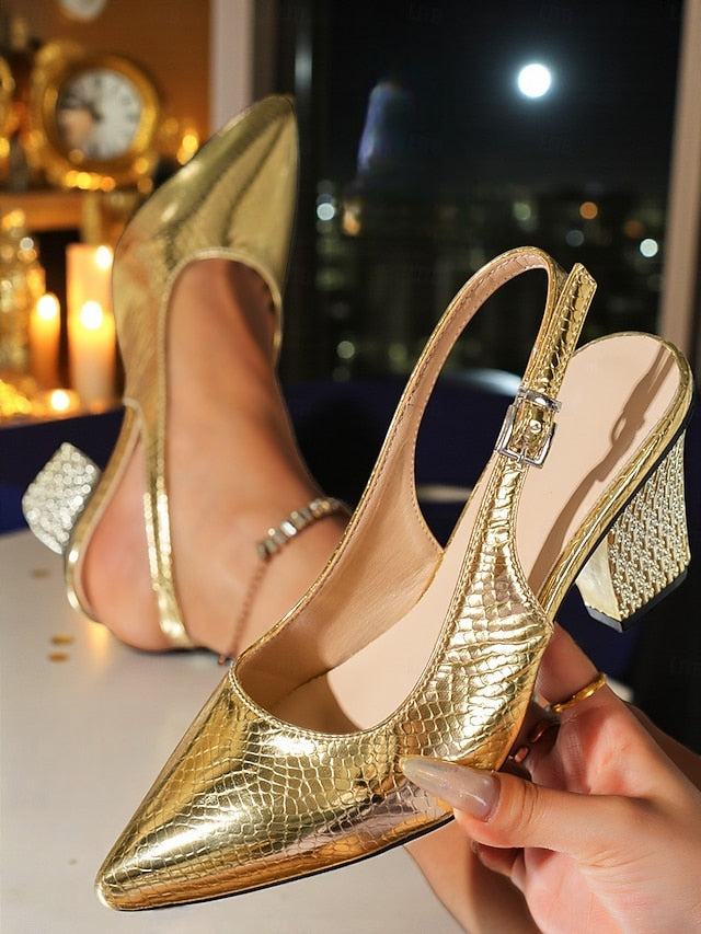 Women's Toe - Heel with Pointed Pumps Slingback Block Gold