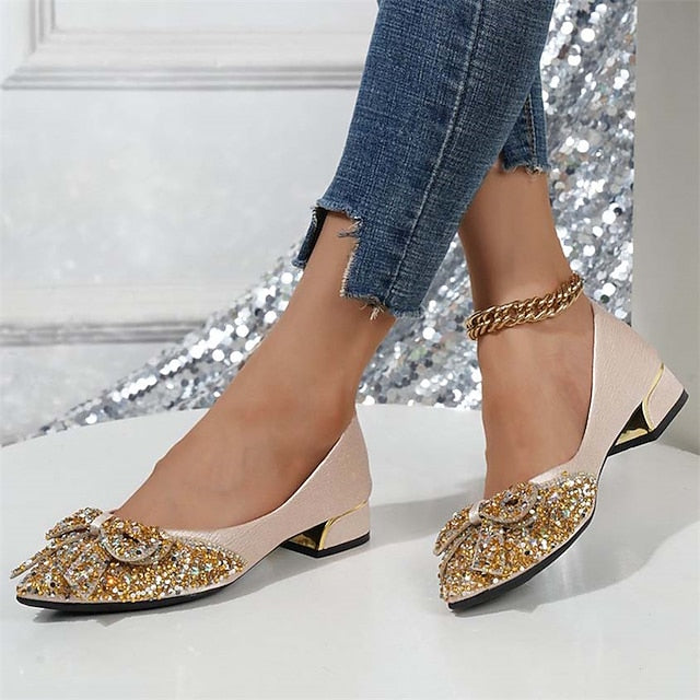 Bow - Glitter Rhinestone Elegant Flats with Women's Detail