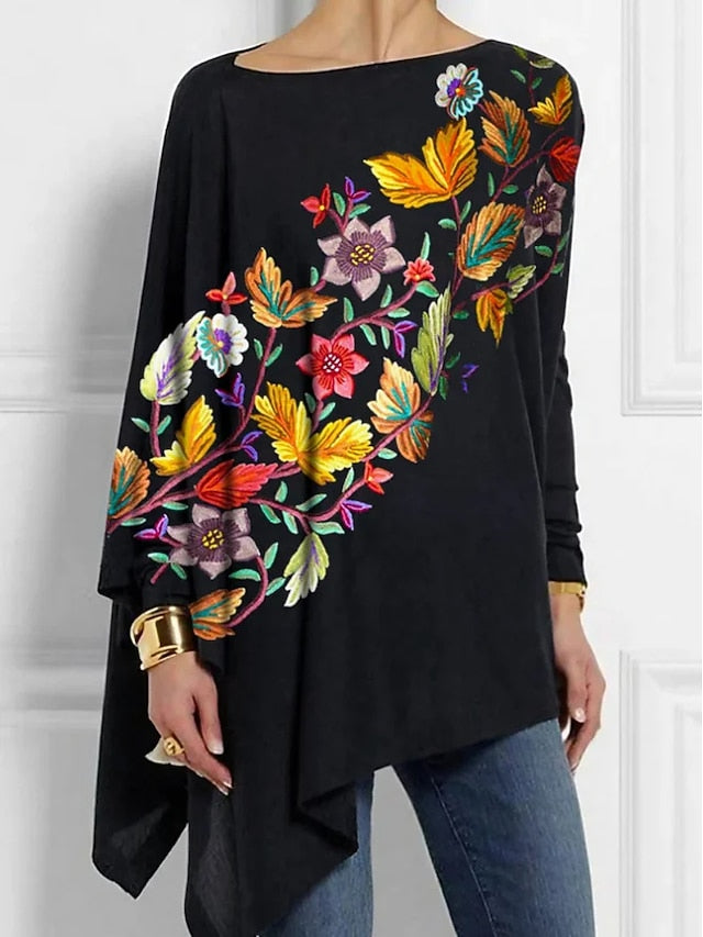 Women's T-Shirt  Long Sleeve Tunic Tops Floral Fashion Off