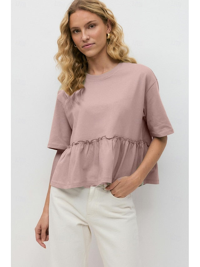 Women's Cotton Shirt Pleats Classic Casual Short Sleeve