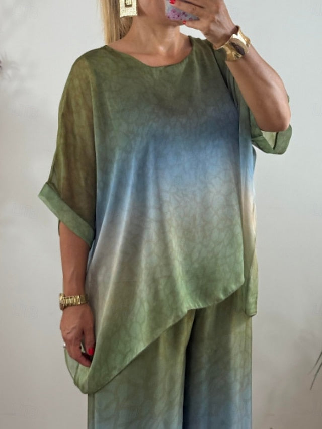 Women's Pants Sets 3/4 Length Sleeve Crew Neck Gradient
