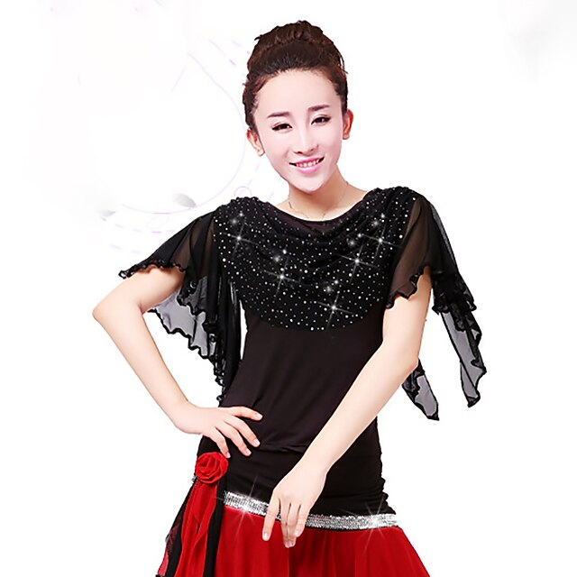 Latin Dance Ballroom Dance Sparkle Top Ruffles Pure Color