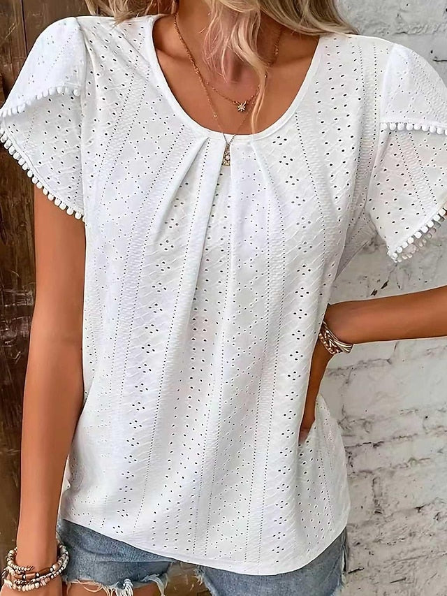 Women's Eyelet Embroidery T Shirts Patchwork Pleats Solid
