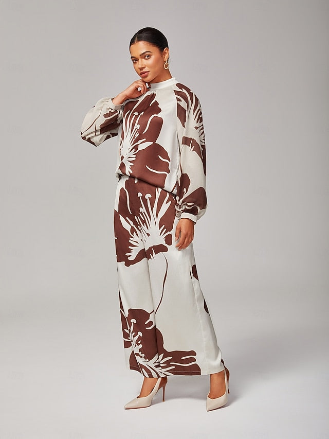 Women's Satin Abstract Floral Elastic Waist Wide-Leg Spring