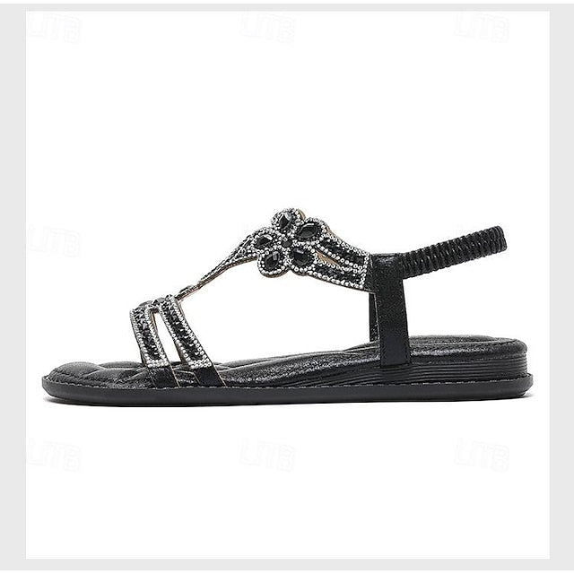 – T-Strap Women's Silver Boho Rhinestone Sandals Flat