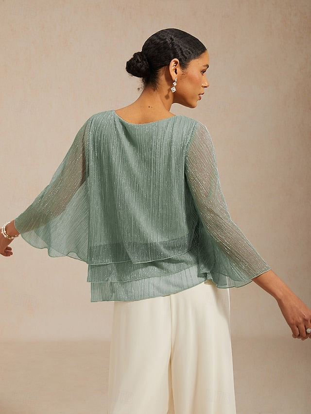 Women's Blouse Chiffon Tops Sequins Pleated Patchwork
