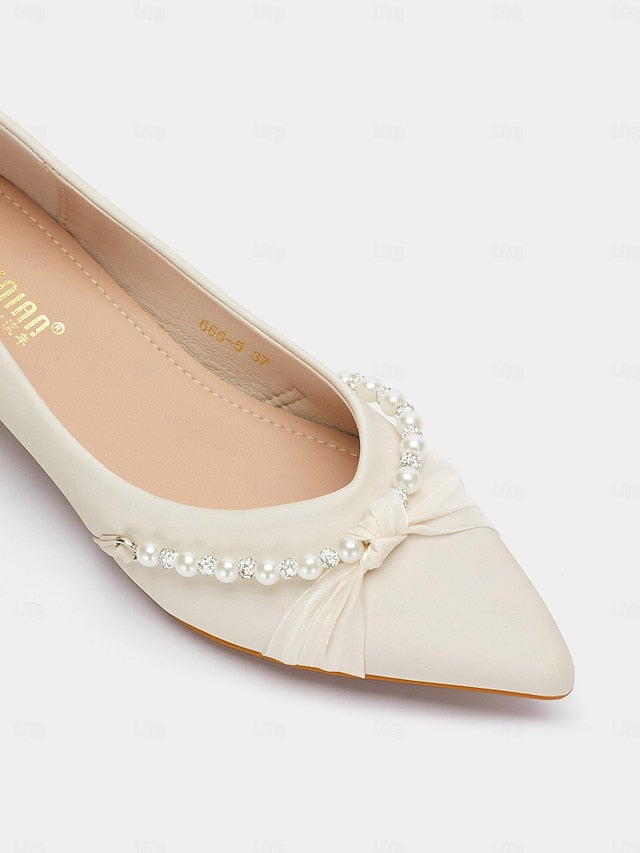 Low Elegant Heel Pointed Flats Pearl Women's - Embellished