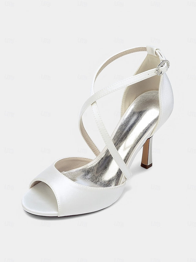 – Satin Peep-Toe Women's Elegant Cross-Strap White Heels
