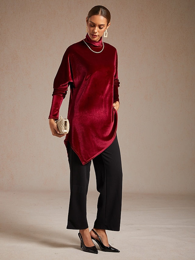 Christmas Women's Velvet Dressy Tops Asymmetric Elegant