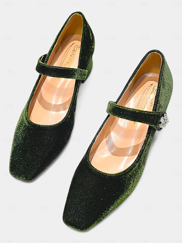 Green Women's Mary - Jane Block Toe Velvet Pumps Square