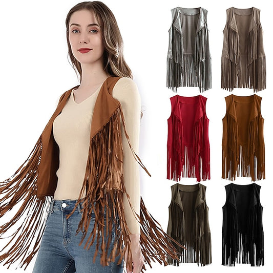 Retro Vintage 1970s Suede Vest Sleeveless Hippie Tassel Fringe