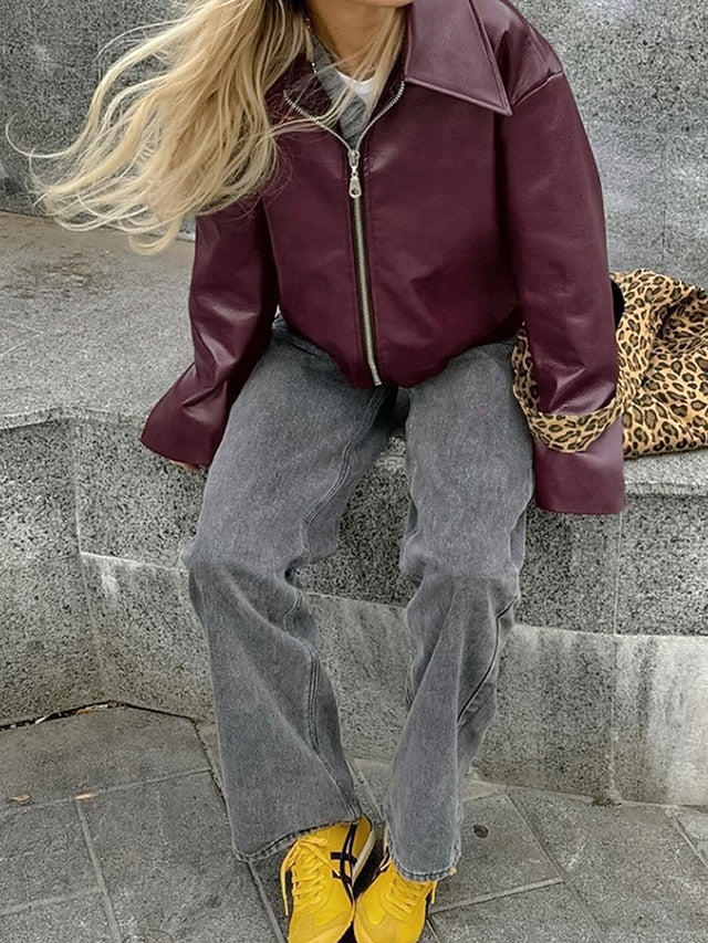 Warm Pocket Faux Leather Comfortable Zipper Jacket Women's